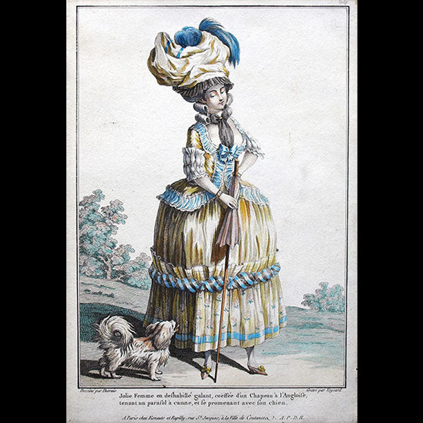 Gallerie des Modes et Costumes Français, 1778-1787, gravure n° L 64, Jolie Femme en déshabillé galant par Desrais (1778)