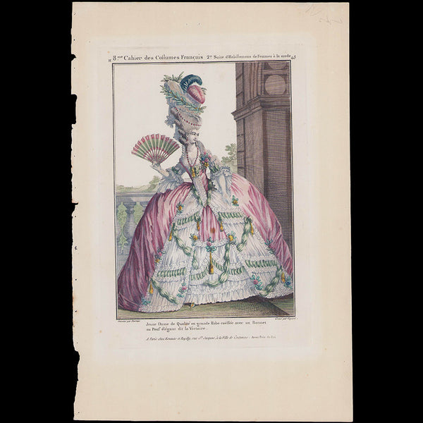 Gallerie des Modes et Costumes Français, gravure n° h43, Jeune Dame de Qualité en Grande Robe (1778)