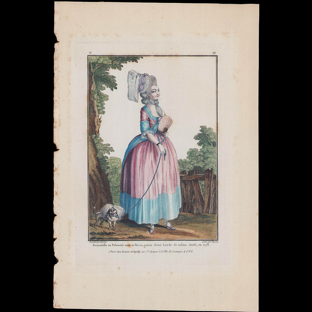 Gallerie des Modes et Costumes Français, 1778-1787, gravure n° M 71, Demoiselle en Polonaise (1778)