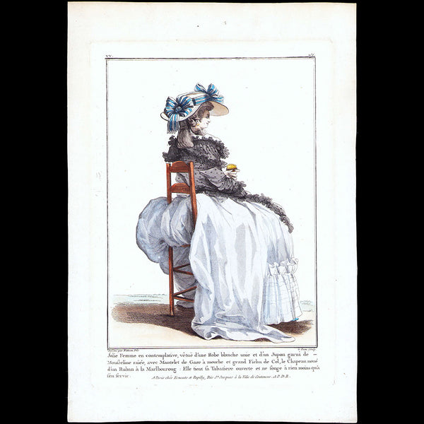 Gallerie des Modes et Costumes Français, 1778-1787, gravure n° vv 256, Jeune Femme en contemplative par Watteau (1784)