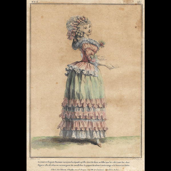 Gallerie des Modes et Costumes Français, 1778-1787, gravure n° aaa 285, La jeune et élégante Suzanne par Watteau (1785)