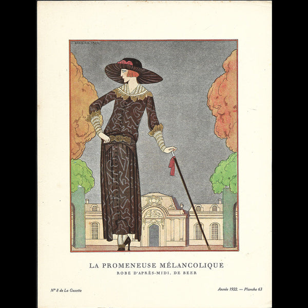 Gazette du Bon Ton - La Promeneuse mélancolique, robe de Beer, planche de George Barbier (n°8, 1922)