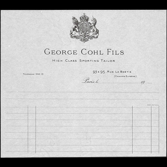 George Cohl Fils - Facture du tailleur, 93-95 rue de la Boétie à Paris (circa 1900)