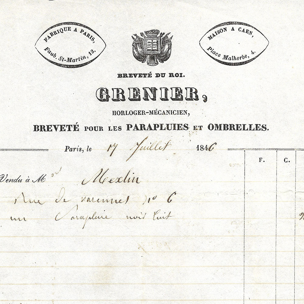 Grenier - Facture de l'horloger-mécanicien, 13 Faubourg Saint-Martin à Paris (1846)