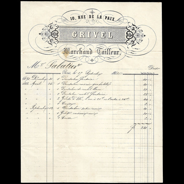 Grivel - Facture du marchand tailleur, 10 rue de la Paix à Paris (1852)