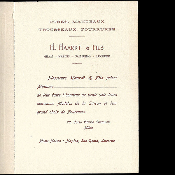 H. Haardt & Fils - Invitation de la maison de couture, 28 Corso Vittorio Emanuele à Milan (circa 1910)