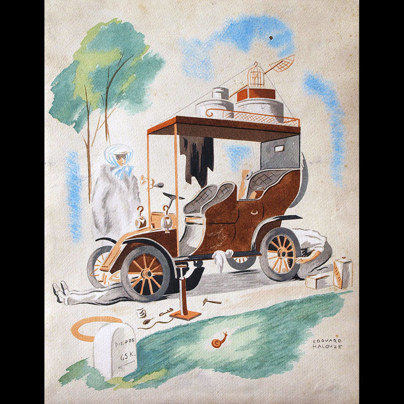 Halouze - Elégante des années 1910 en panne sur la route de Dieppe (circa 1920s)