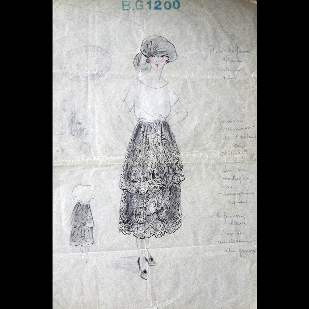 Harrods Buenos Aires - Dessin d'une robe dentelle Chantilly (1919)