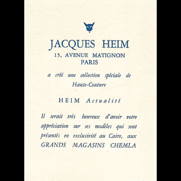 Heim - Carte de la maison Heim pour une présentation au Caire (1950)