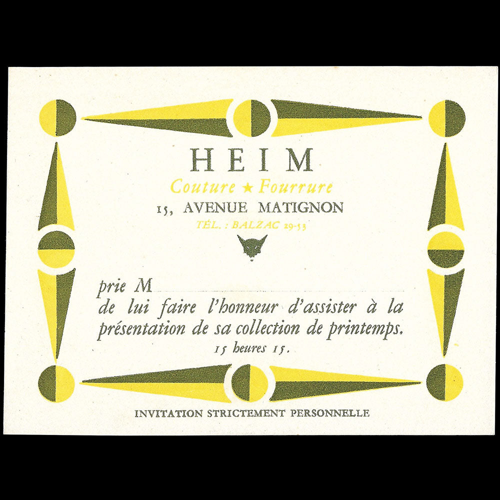 Heim - Carte de la maison Heim, Couture - Fourrure, 15 avenue Matignon à Paris (circa 1940s)