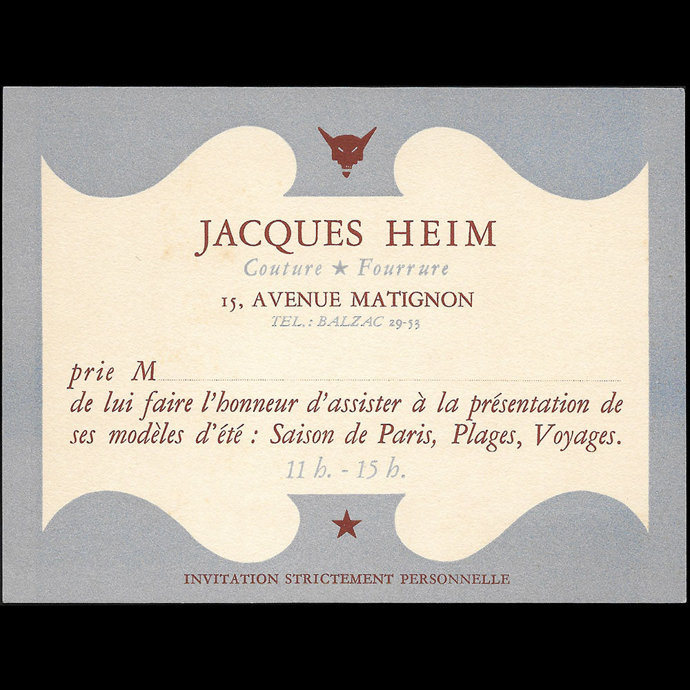 Heim - Carte de la maison Heim, Couture - Fourrure, 15 avenue Matignon à Paris (circa 1940-1945)