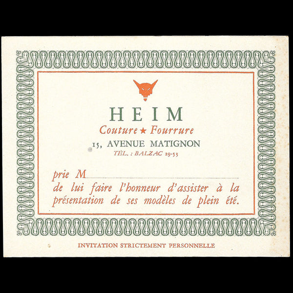 Heim - Carte de la maison Heim, Couture - Fourrure, 15 avenue Matignon à Paris (circa 1940s)