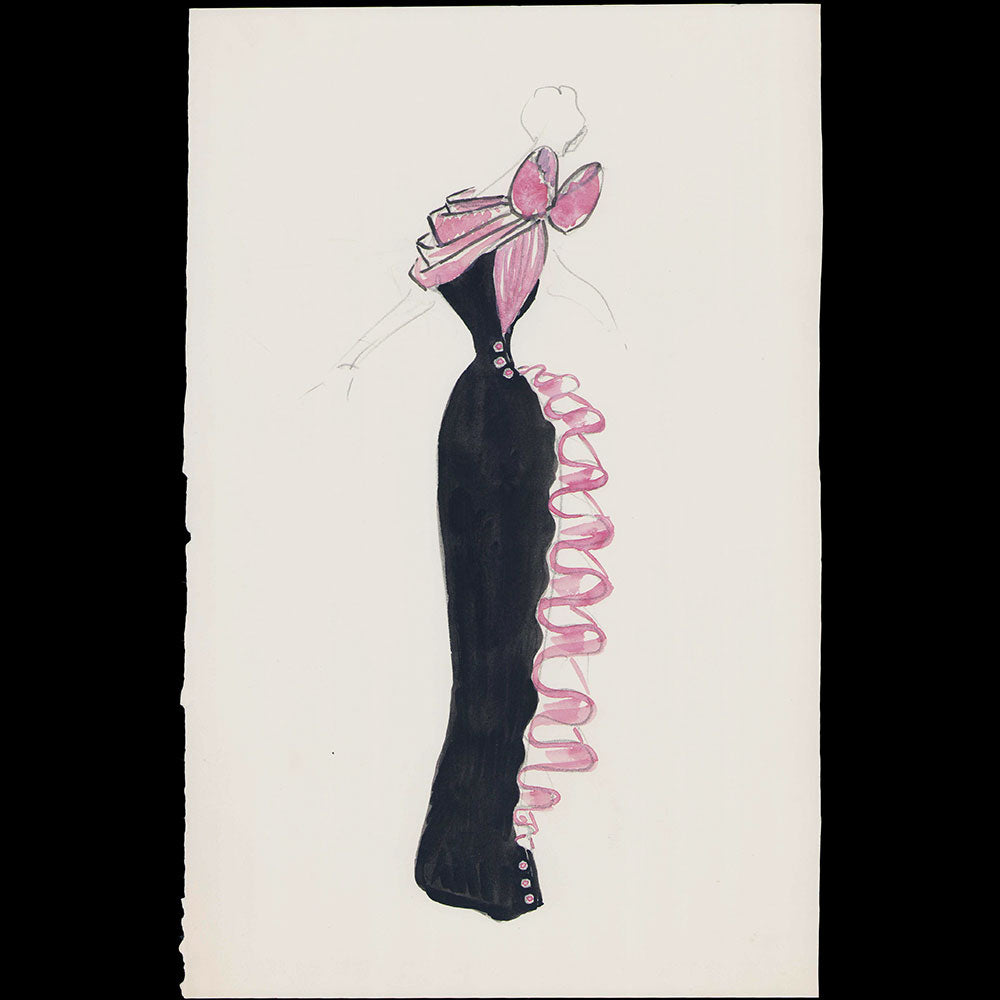 Jacques Heim - Dessin d'une robe du soir rose et noir, circa 1950-1960