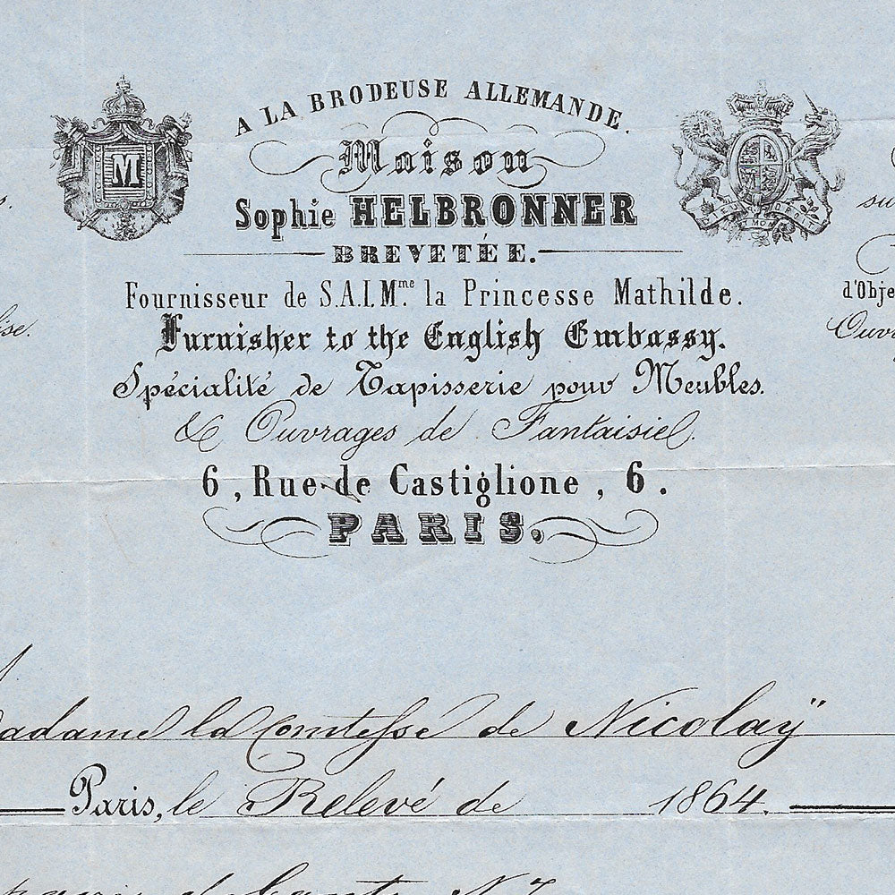 Sophie Helbronner - Facture de la maison de broderie et tapisserie, 6 rue Castiglione à Paris (1864)