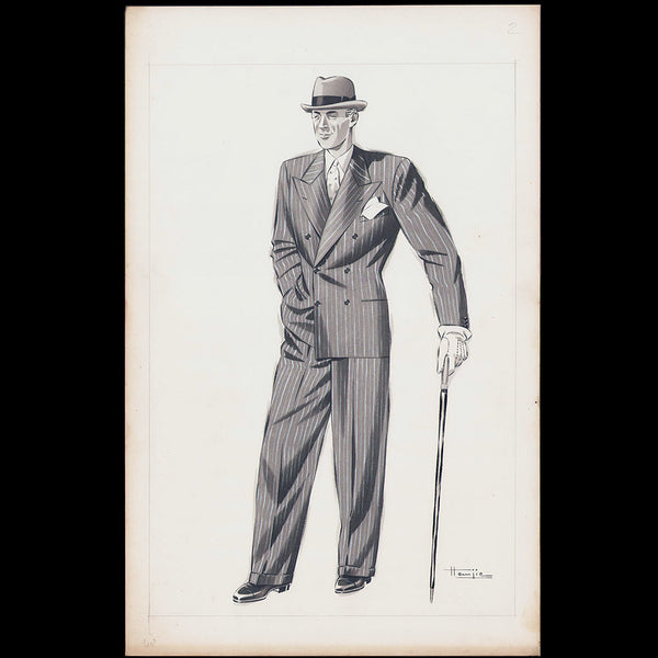 Marcel Hemjic - Elégant en costume rayé croisé, dessin pour L'Homme Moderne, numéro spécial de l'Exposition Internationale des Arts et Techniques dans la Vie Moderne (1937)