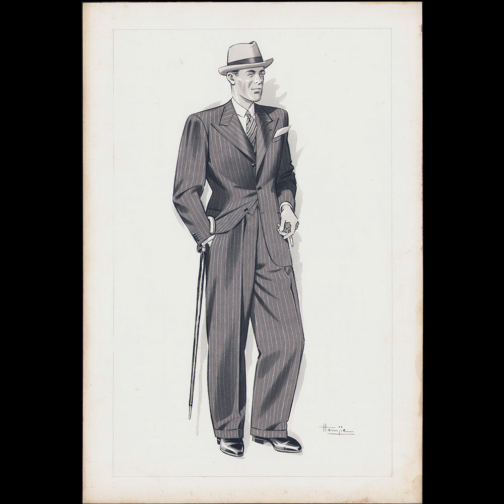 Marcel Hemjic - Elégant en costume rayé, dessin pour L'Homme Moderne, numéro spécial de l'Exposition Internationale des Arts et Techniques dans la Vie Moderne (1937)
