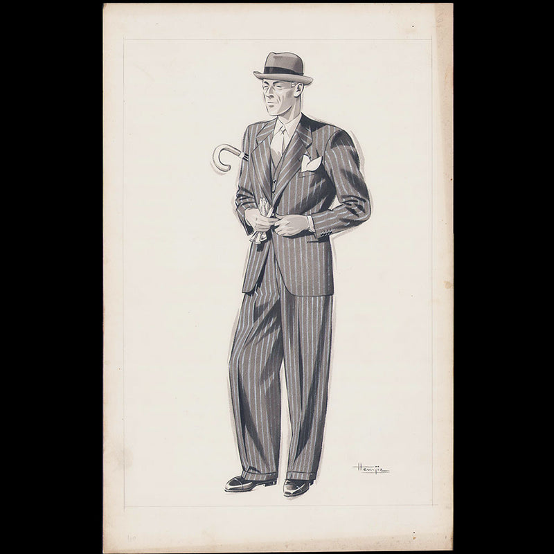 Marcel Hemjic - Elégant en costume rayé, dessin pour L'Homme Moderne, numéro spécial de l'Exposition Internationale des Arts et Techniques dans la Vie Moderne (1937)