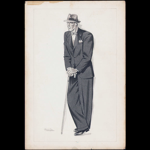 Marcel Hemjic - Elégant en costume rayé et noeud papillon, dessin pour L'Homme Moderne, numéro spécial de l'Exposition Internationale des Arts et Techniques dans la Vie Moderne (1937)