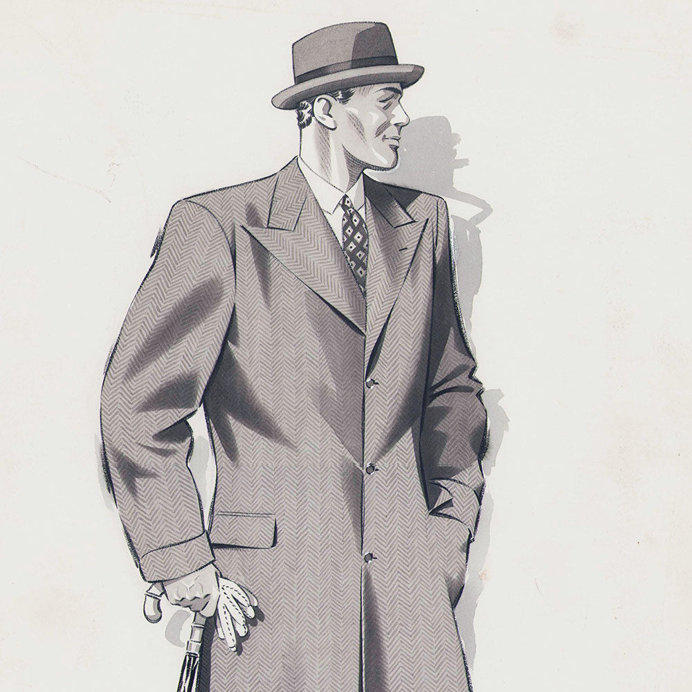 Marcel Hemjic - Elégant en manteau tenant une canne, dessin pour L'Homme Moderne, numéro spécial de l'Exposition Internationale des Arts et Techniques dans la Vie Moderne (1937)