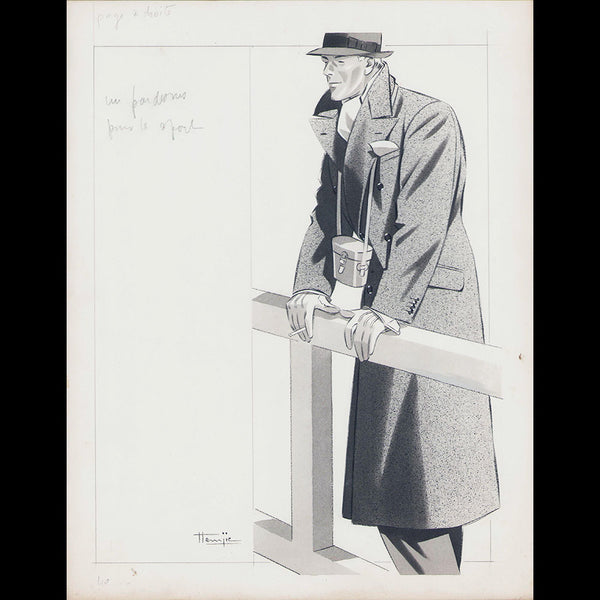 Marcel Hemjic - Elégant en pardessus de sport aux courses, dessin (circa 1937)