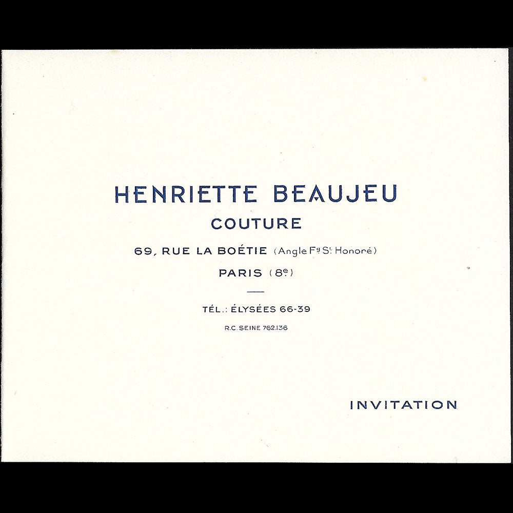 Henriette Beaujeu - Invitation de la maison de couture, 69 rue de la Boétie à Paris (1943)