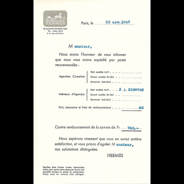 Herm s Facture de la maison Hermes 24 Faubourg Saint Honor Paris 1947