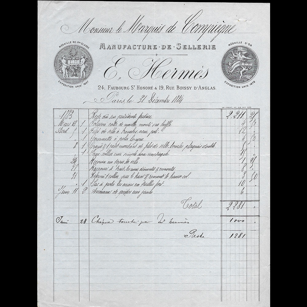 Hermès - Facture de la manufacture de sellerie E. Hermès, 24 Faubourg St. Honoré, Paris (1884)