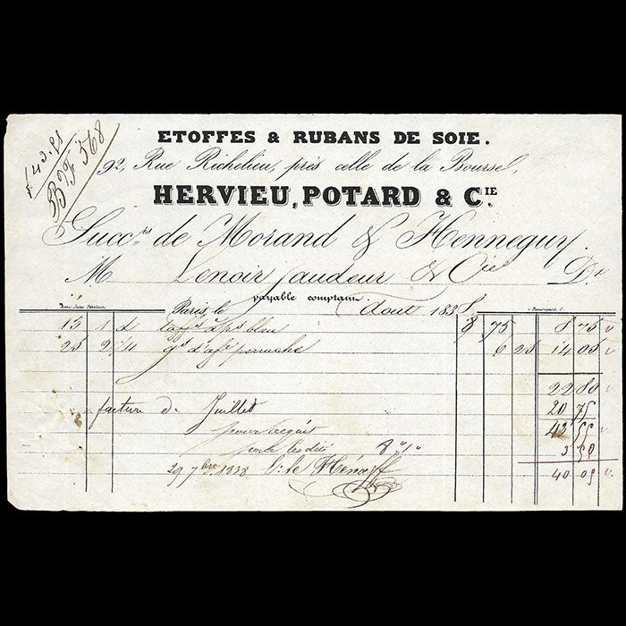 Hervieu, Potard et Cie - Facture du magasin d'étoffes, Rue de Richelieu à Paris (1838)