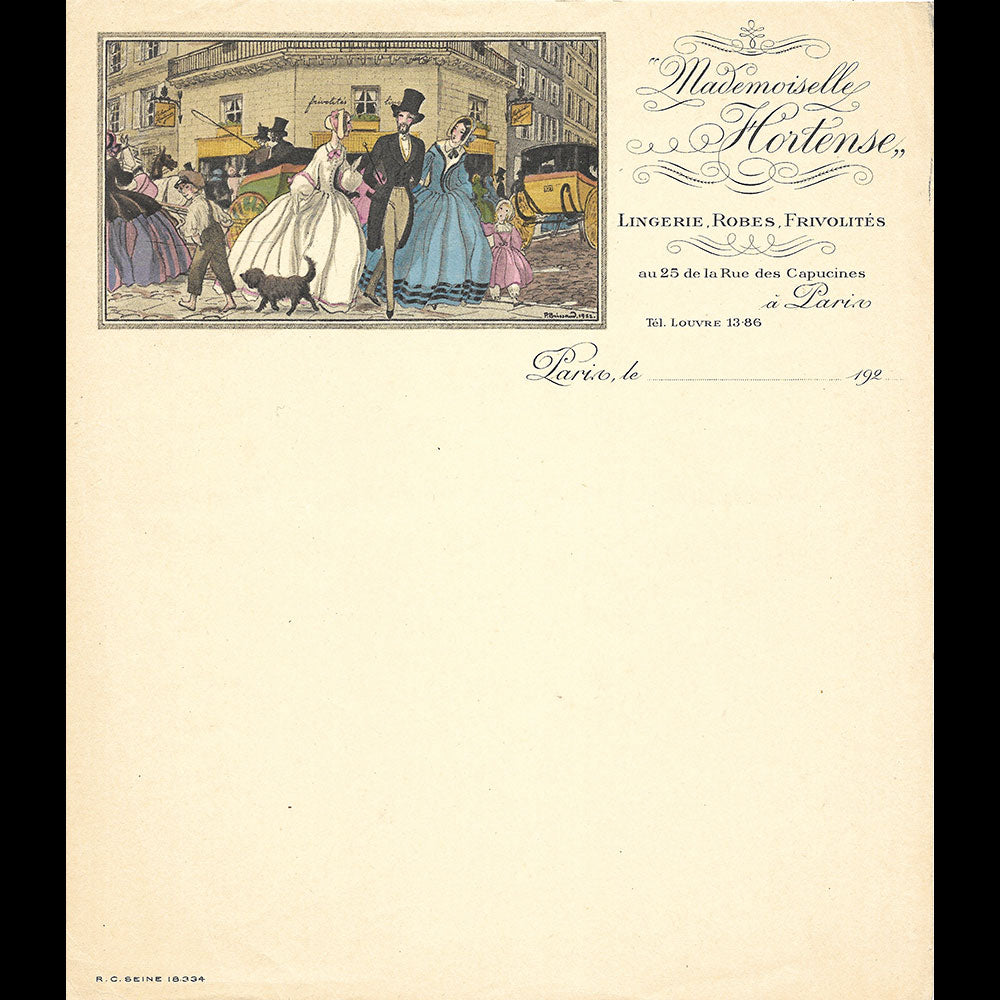 Mademoiselle Hortense - Papier à lettres de la marchande de frivolités, 25 rue des Capucines à Paris  illustrée par Pierre Brissaud (circa 1920s)