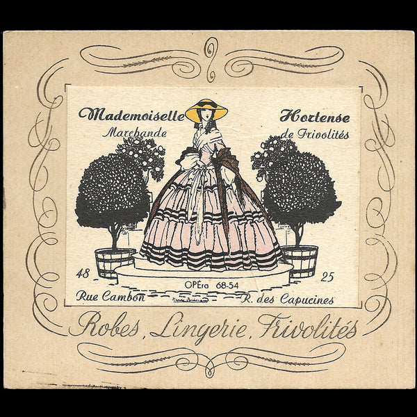 Mademoiselle Hortense - Carte de la marchande de frivolités, 23-25 rue des Capucines à Paris  illustrée par Pierre Brissaud (circa 1925)