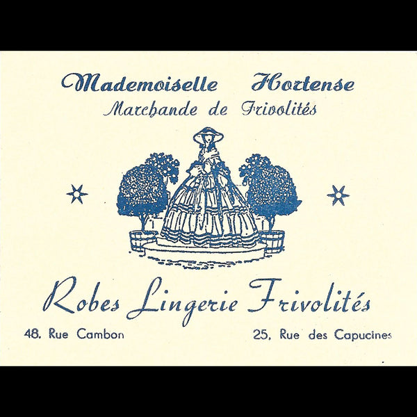 Mademoiselle Hortense - Carte de la marchande de frivolités, 23-25 rue des Capucines à Paris  illustrée par Pierre Brissaud (circa 1930)