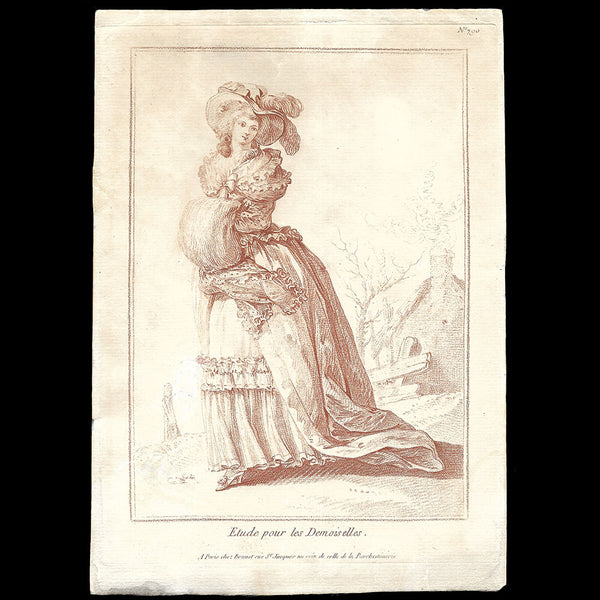 Elégante au manchon, gravure de mode de la suite Etude pour les Demoiselles d'après Jean-Baptiste Huet (1783)