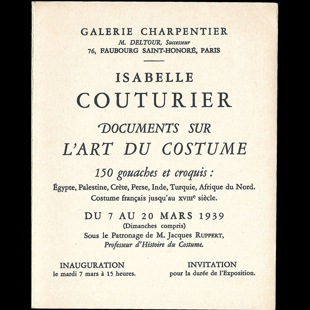 ISABELLE COUTURIER - INVITATION TO THE 'ART OF COSTUME' EXHIBIT  (1939)