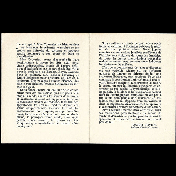 Isabelle Couturier - Invitation à l'exposition Documents sur l'Art du Costume (1939)