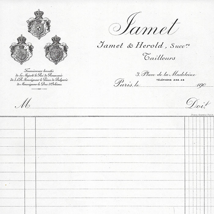 Jamet  - Facture du tailleur, 3 place de la Madeleine à Paris (circa 1900)