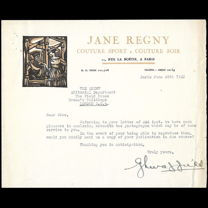 Jane Regny - Correspondance de la maison de couture (1931)
