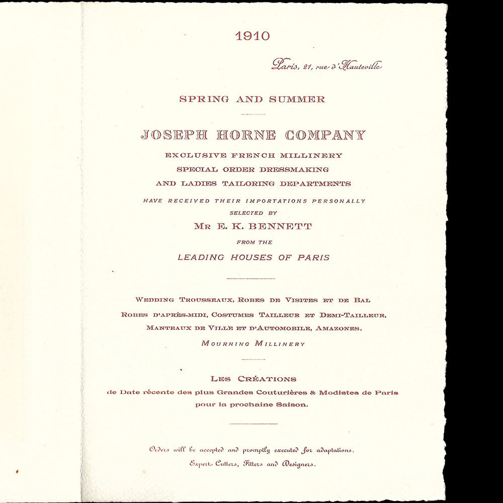 Joseph Horne Company - Invitation annonçant la sélection de modèles de Paris (1910)