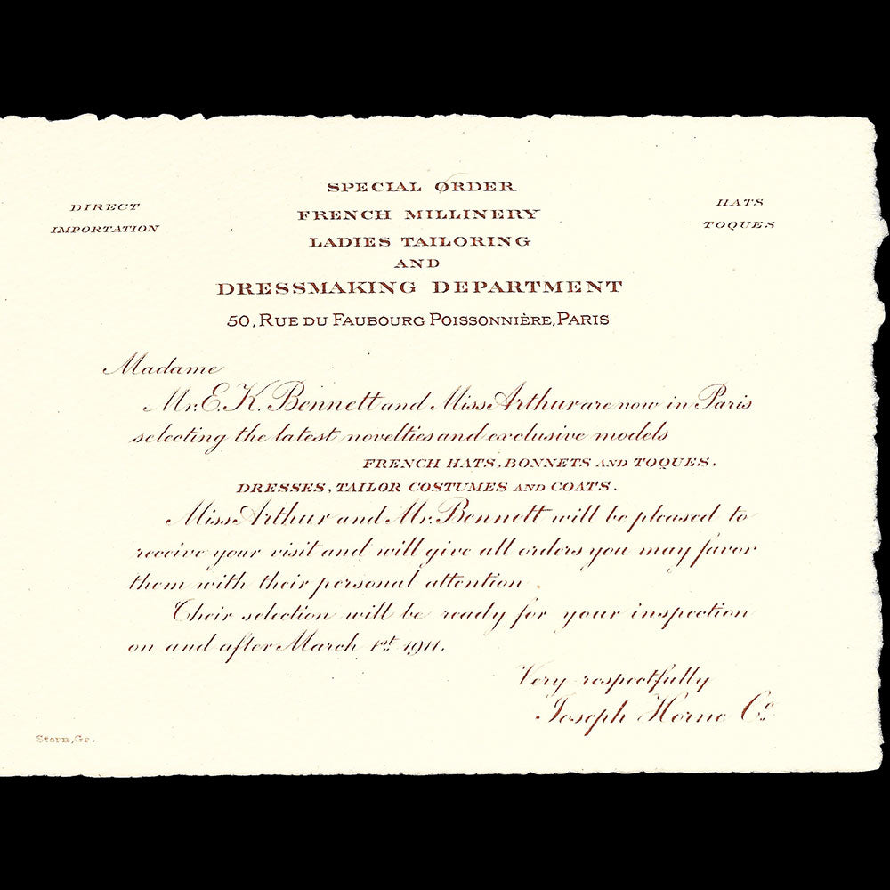 Joseph Horne Company - Invitation annonçant la sélection de robes de Paris (1911)