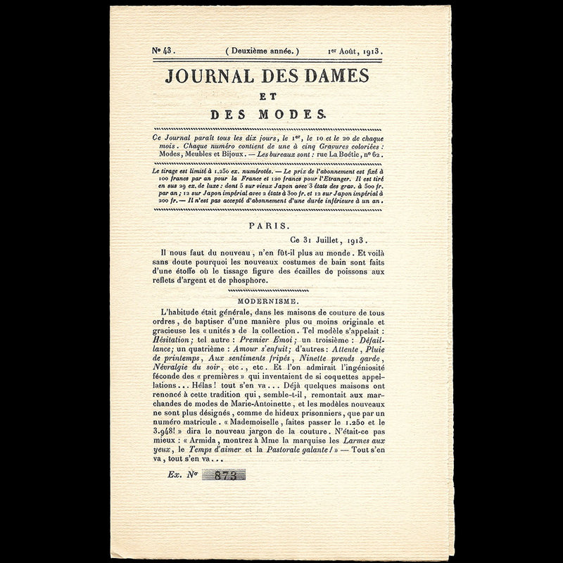 Le Journal des Dames et des Modes, Costumes Parisiens, n°43, 1913