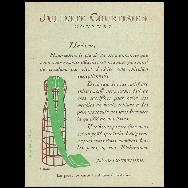 Juliette Courtisien - Invitation de la maison de couture, 9 rue Richepanse à Paris (circa 1925)