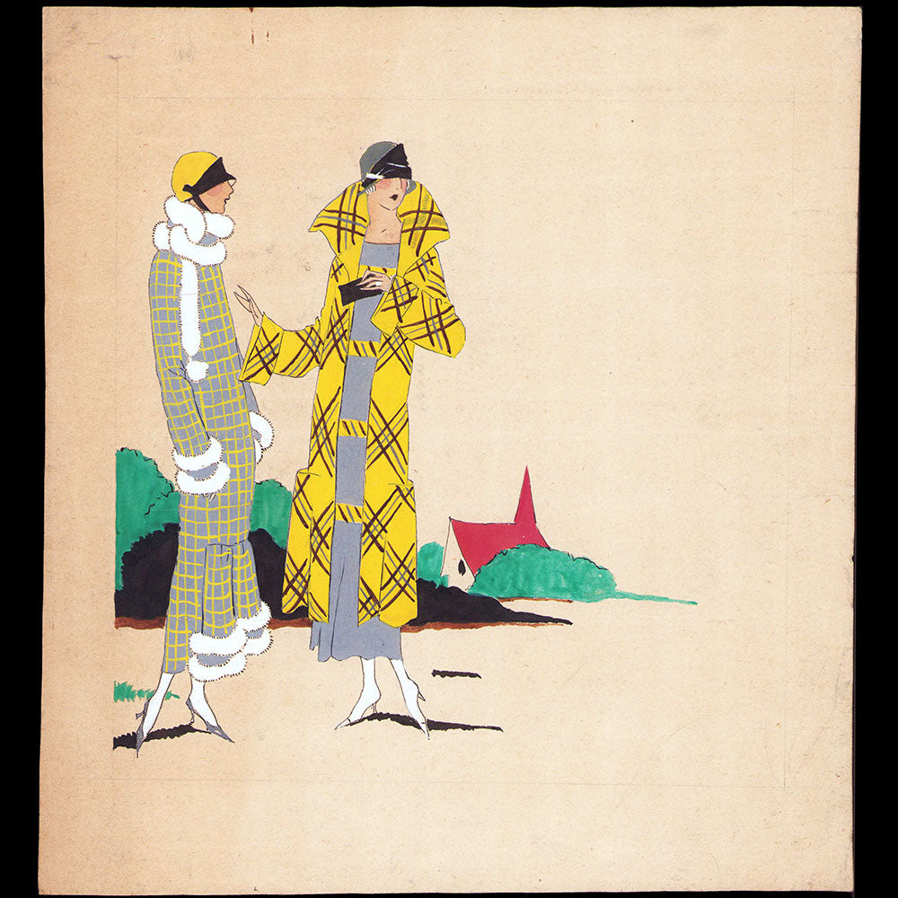 Elégantes en manteaux, dessin de L'hom pour une revue de mode (1920s)