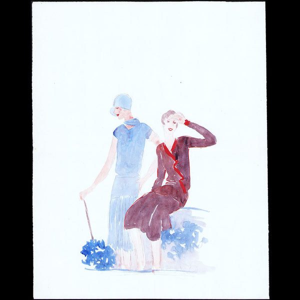 Elégantes en robes, dessin de L'hom pour une revue de mode (1920s)