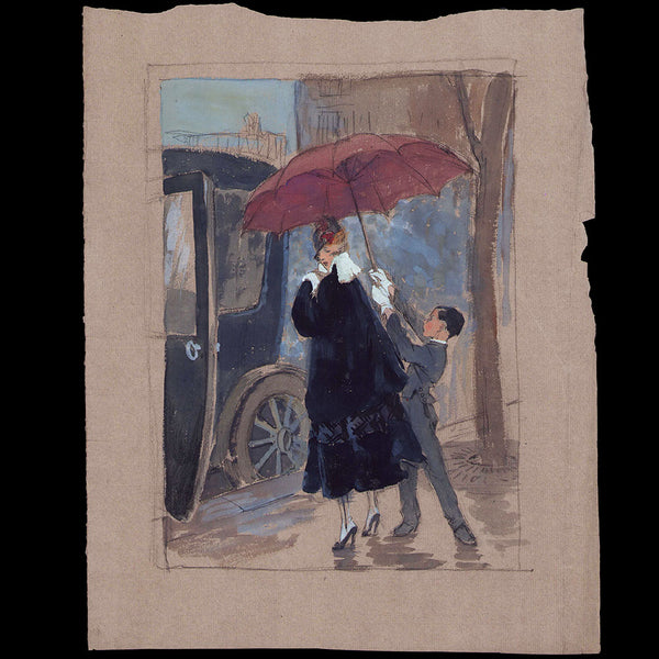 L'Elégante protégée de la pluie, dessin de L'hom pour une revue (circa 1915)