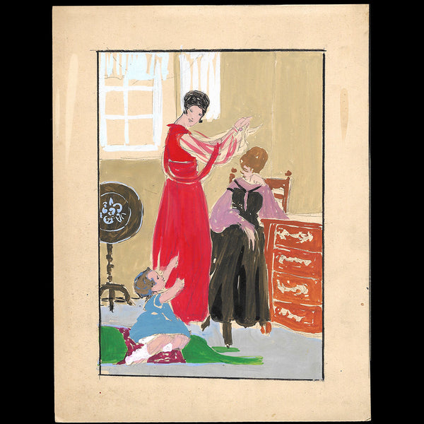 Les Elégantes et l'enfant, dessin de L'hom pour une revue de mode (1910s)