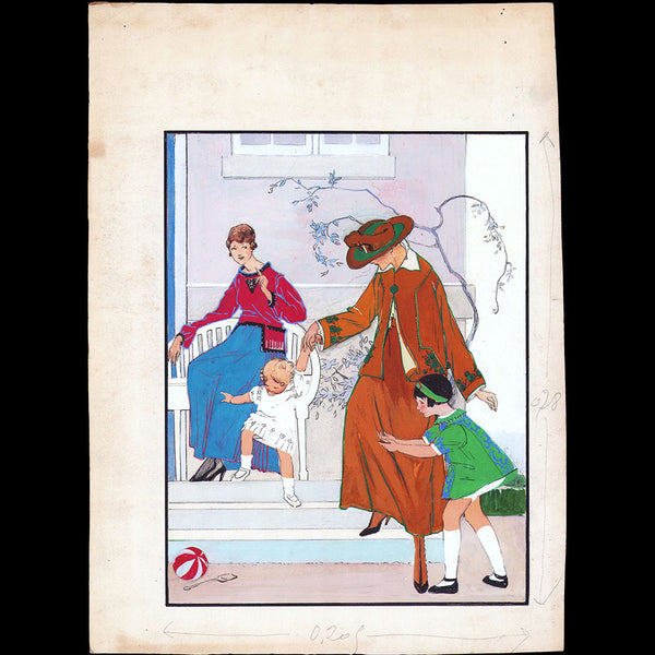 Les Elégantes et les enfants, dessin de L'hom pour une revue de mode (1910s)