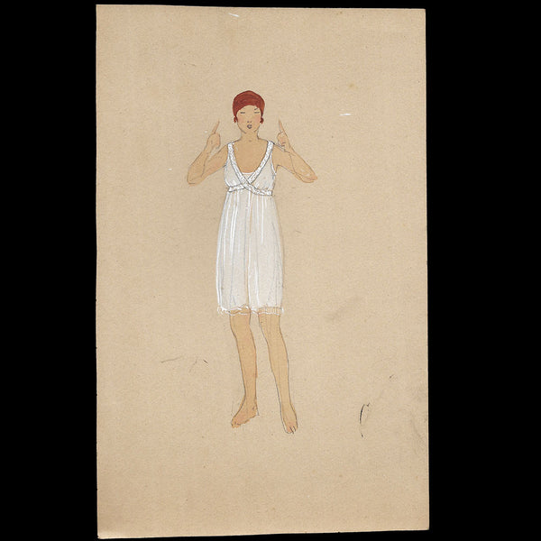 Elégante en lingerie, dessin de L'hom pour une revue de mode (1910s)