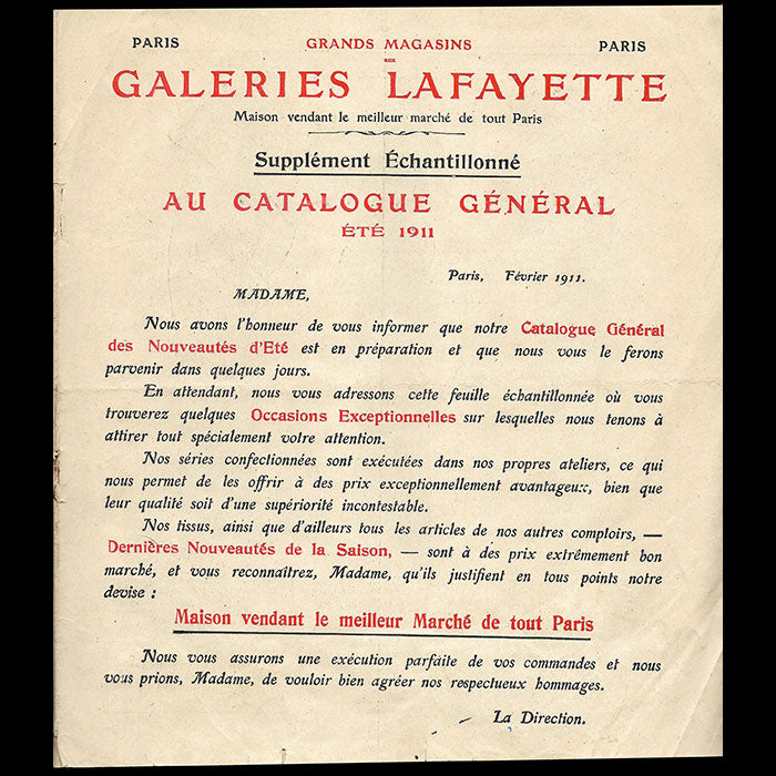 Galeries Lafayette - Supplément échantillonné au catalogue général (1911)