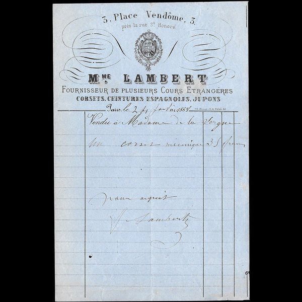 Mme Lambert - Facture de la maison de corsets, 3 place Vendôme à Paris (1868)
