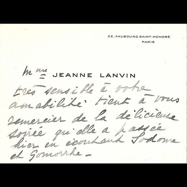 Jeanne Lanvin - Correspondance de la couturière relative à Sodome et Gomorrhe (1943)