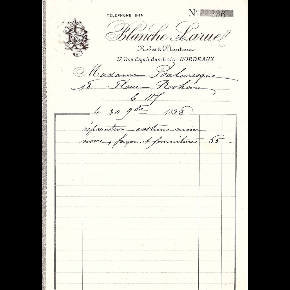 Blanche Larue - Facture de la maison de couture, 17 rue Esprit des Lois à Bordeaux (1898)